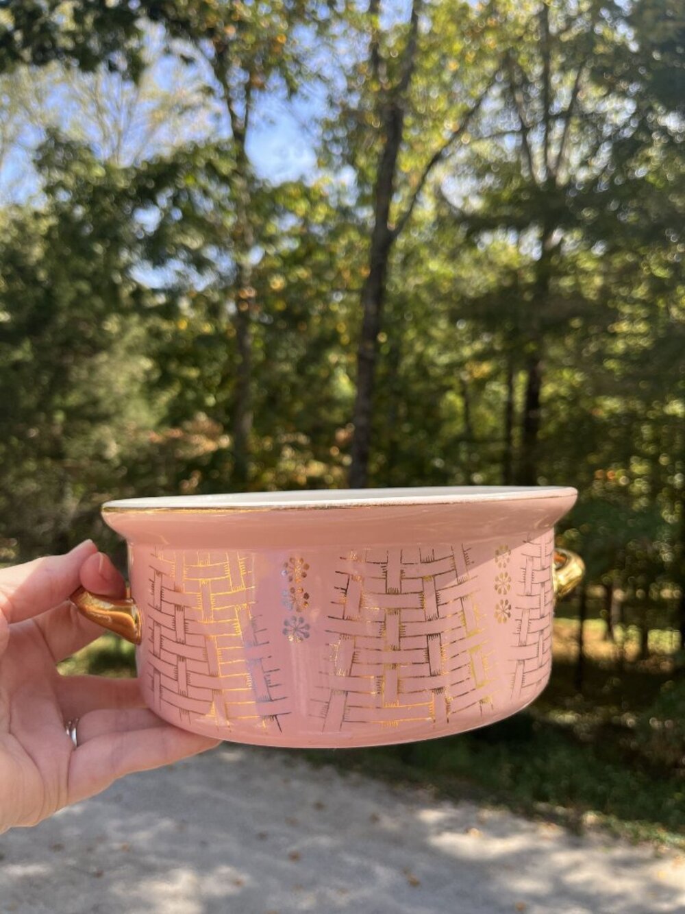 Vintage Hall China Pink Casserole Dish With Gold Handles & Mid-Century Modern De